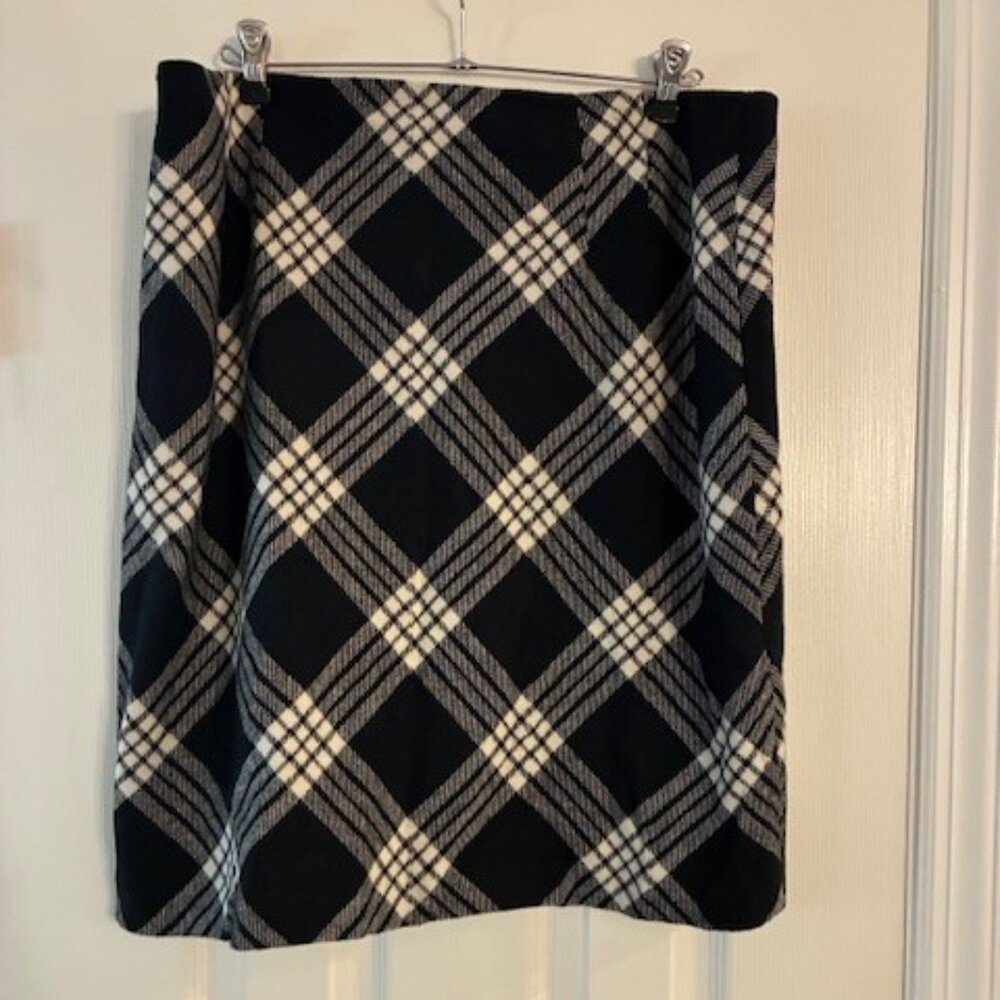 Talbots Women's Wool Blend Black White Plaid Knee Length Lined Skirt Size 14